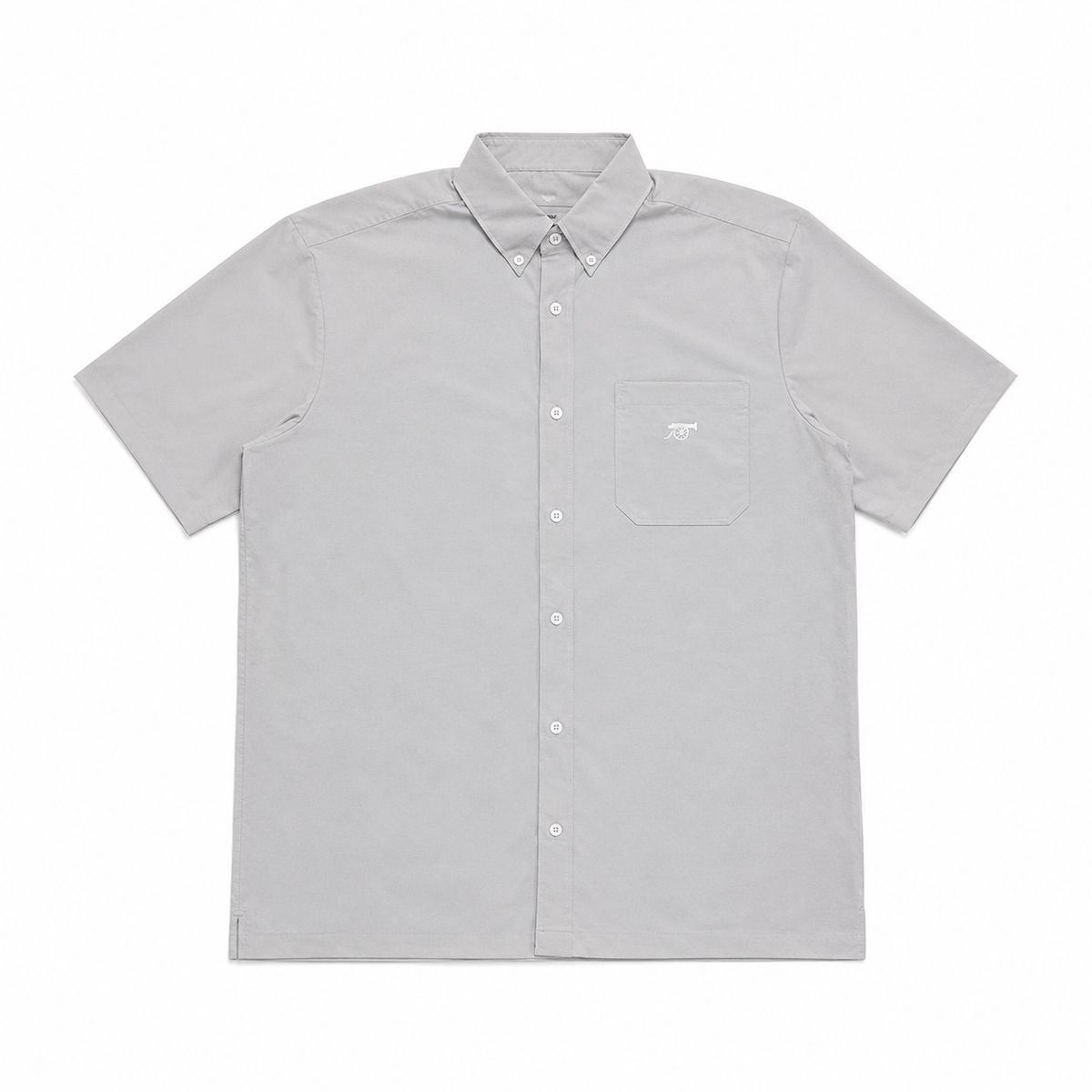 A light gray short-sleeve button-down shirt with a single chest pocket and a small white embroidered logo on the pocket, displayed flat against a white background.
