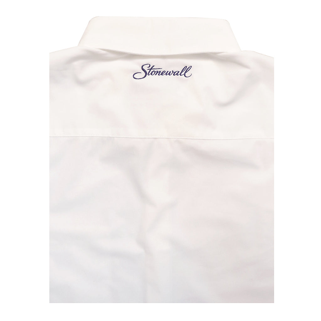 A white  short sleeve collared shirt with 'Stonewall' embroidered in navy blue script on the inside back collar, shown against a plain white background.
