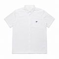 A white short-sleeve button-up shirt with a single chest pocket featuring a small navy blue logo, displayed flat against a white background.