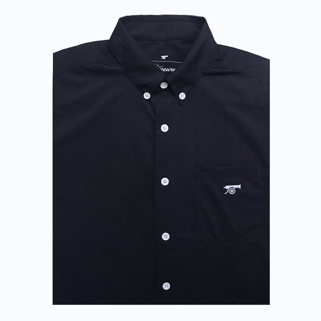 A dark navy blue short-sleeve button-down shirt with a single chest pocket featuring a white embroidered cannon logo, displayed flat against a white background.